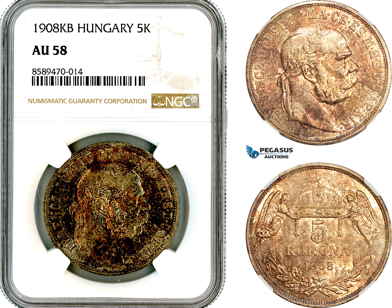 AL663, Hungary, Franz Joseph, 5 Korona 1908 KB, Kremnitz Mint, Silver, NGC AU58