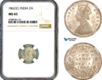 AL664, India, British, Victoria, 2 Annas 1862 C, Calcutta Mint, Silver, NGC MS65