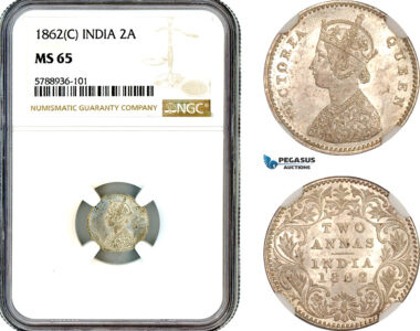 AL664, India, British, Victoria, 2 Annas 1862 C, Calcutta Mint, Silver, NGC MS65