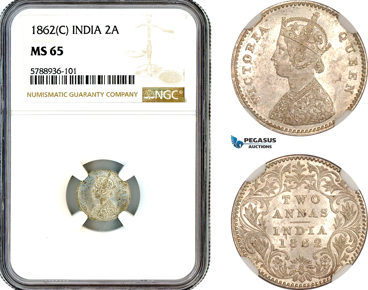 AL664, India, British, Victoria, 2 Annas 1862 C, Calcutta Mint, Silver, NGC MS65