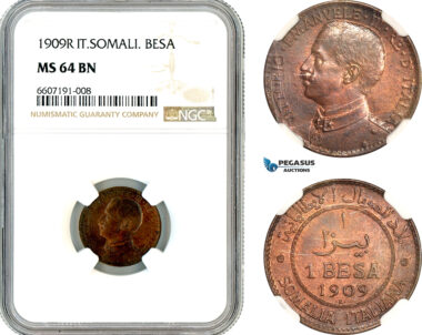 AL665, Italian Somaliland, Vit. Emanuele III, 1 Besa 1909 R, Rome Mint, NGC MS64BN