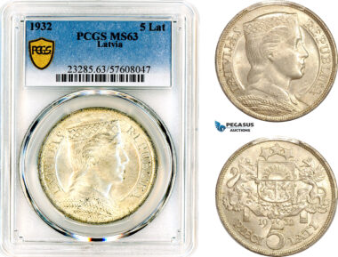 AL668, Latvia, 5 Lati 1932, London Mint, Silver, PCGS MS63
