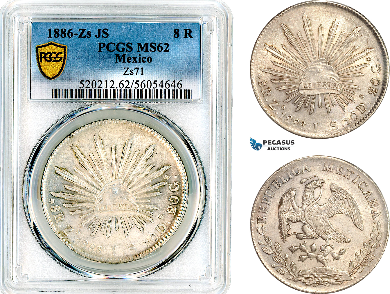 AL670, Mexico, 8 Reales 1886 ZS JS, Mexico Mint, Silver, PCGS MS62