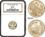 AL679, Russia, Nicholas II, 15 Kopeks 1915 BC, St. Petersburg Mint, Silver, NGC MS67
