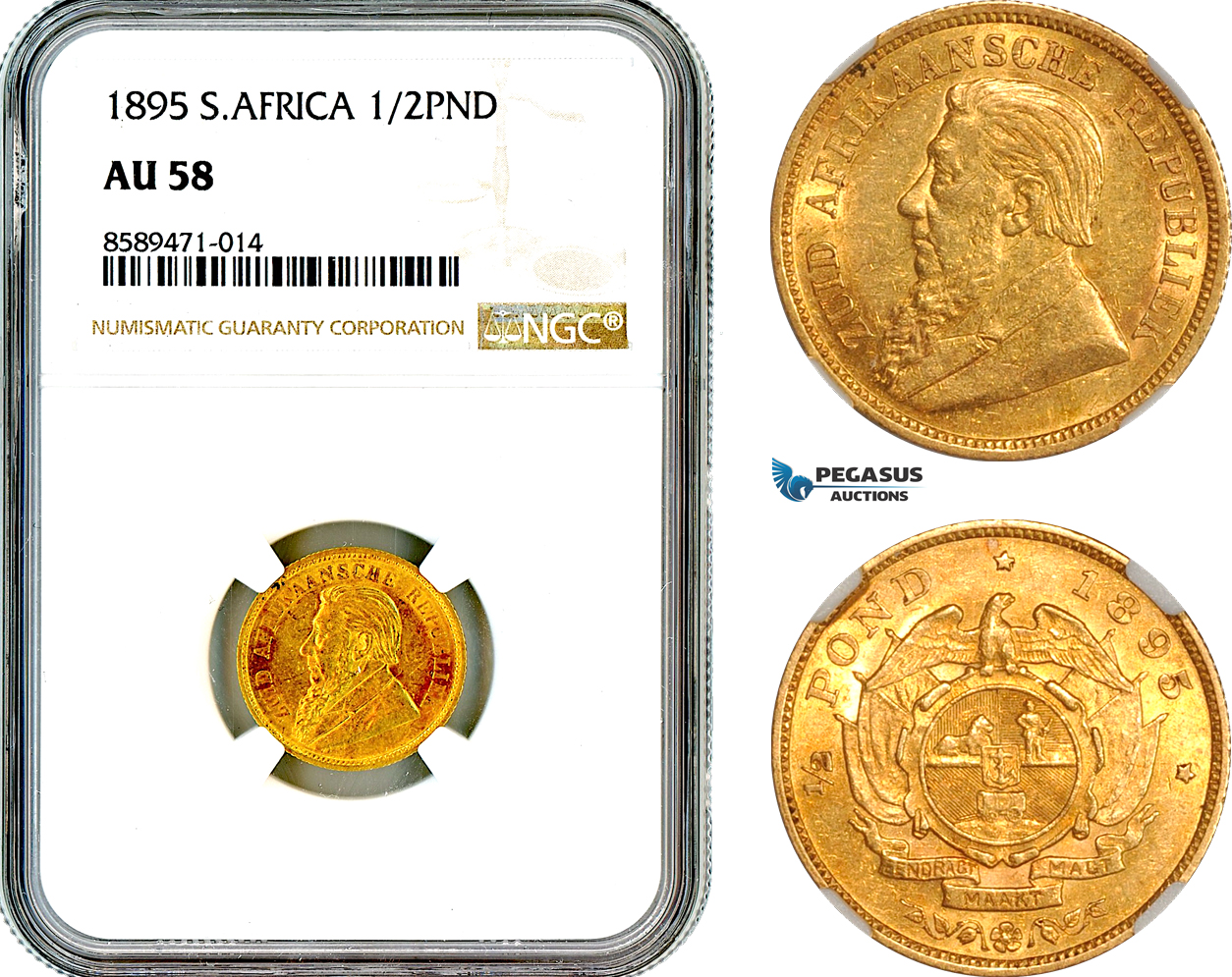 AL683, South Africa (ZAR), 1/2 Pond 1895, Pretoria Mint, Gold, NGC AU58