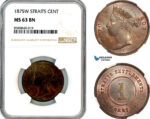 AL685, Straits Settlements, Victoria, 1 Cent 1875 W, Calcutta Mint, NGC MS63BN