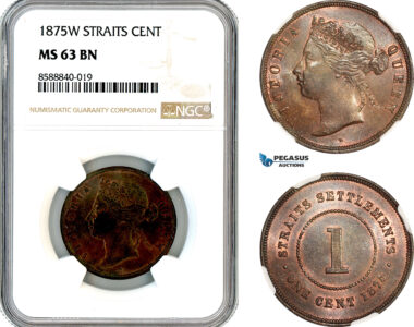 AL685, Straits Settlements, Victoria, 1 Cent 1875 W, Calcutta Mint, NGC MS63BN