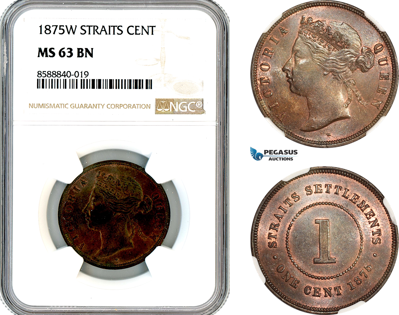 AL685, Straits Settlements, Victoria, 1 Cent 1875 W, Calcutta Mint, NGC MS63BN
