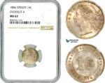 AL686, Straits Settlements, Victoria, 10 Cents 1884, "Crosslet 4", Silver, NGC MS63