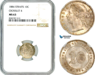 AL686, Straits Settlements, Victoria, 10 Cents 1884, "Crosslet 4", Silver, NGC MS63