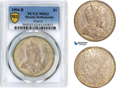AL687, Straits Settlements, Edward VII, 1 Dollar 1904 B, Bombay Mint, Silver, PCGS MS62