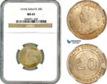 AL688, Straits Settlements, George V, 20 Cents 1919 B, Bombay Mint, Silver, NGC MS65