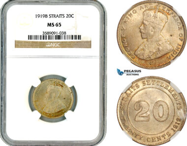 AL688, Straits Settlements, George V, 20 Cents 1919 B, Bombay Mint, Silver, NGC MS65