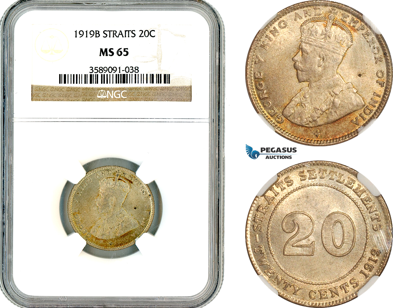 AL688, Straits Settlements, George V, 20 Cents 1919 B, Bombay Mint, Silver, NGC MS65