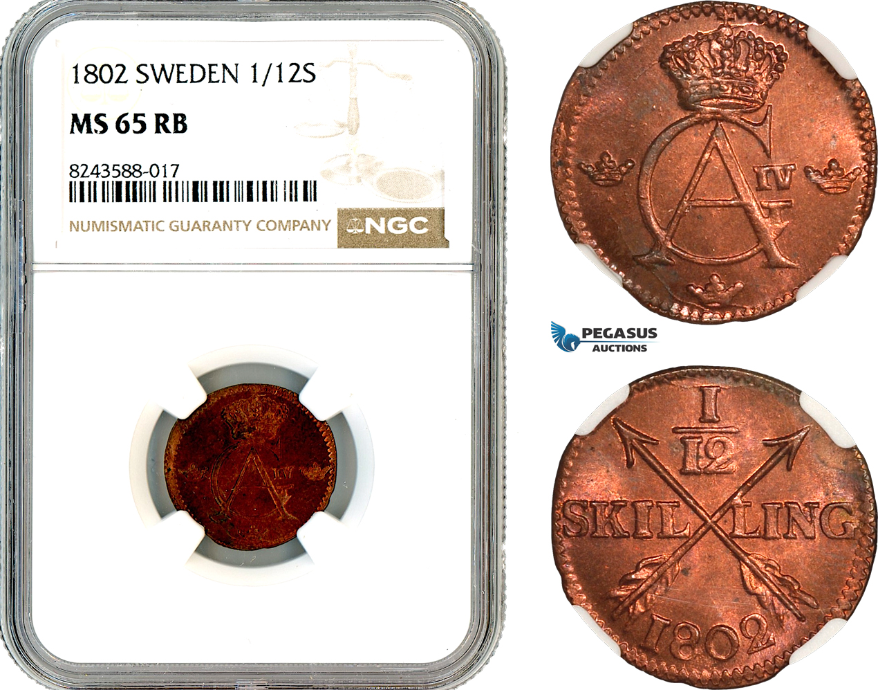 AL689, Sweden, Gustav IV Adolf, 1/12 Skilling 1802, Avesta Mint, NGC MS65RB