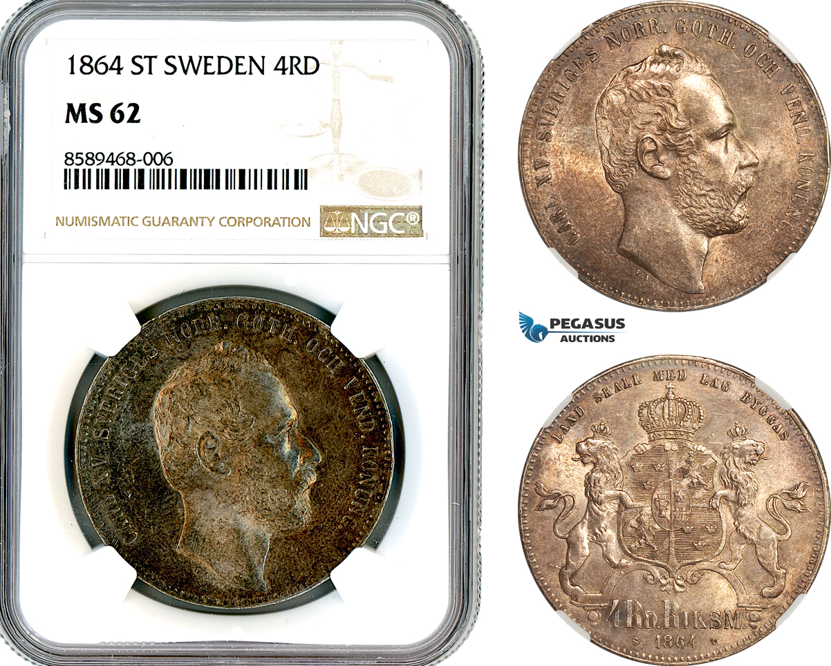 AL690, Sweden, Carl XV, 4 Riksdaler Riksmynt 1864 ST, Stockholm Mint, Silver, NGC MS62