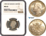 AL691, Sweden, Oscar II, 1 Krona 1890 EB, Stockholm Mint, Silver, NGC MS63