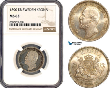 AL691, Sweden, Oscar II, 1 Krona 1890 EB, Stockholm Mint, Silver, NGC MS63