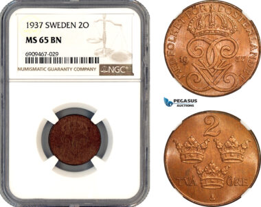 AL692, Sweden, Gustaf V, 2 Ore 1937, Stockholm Mint, NGC MS65BN
