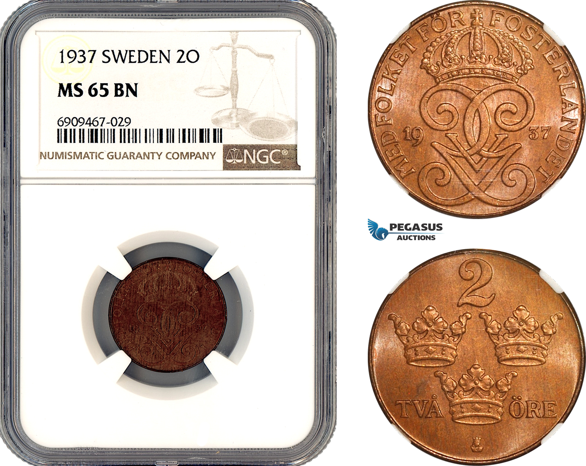 AL692, Sweden, Gustaf V, 2 Ore 1937, Stockholm Mint, NGC MS65BN