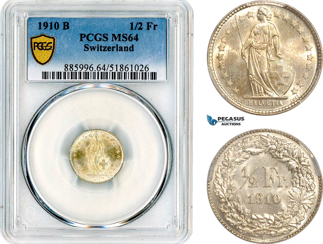 AL694, Switzerland, 1/2 Franc 1910 B, Bern Mint, Silver, PCGS MS64