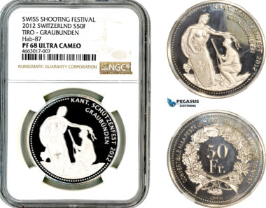 AL695, Switzerland, 50 Franc 2012, Graubunden Shooting Festival, Silver, NGC PF68 Ultra Cameo