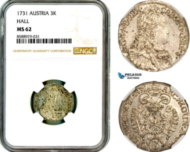 AL696, Austria, Charles VI, 3 Kreuzer 1731, Hall Mint, Silver, NGC MS62