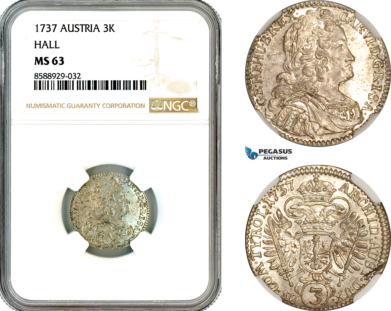 AL697, Austria, Charles VI, 3 Kreuzer 1737, Hall Mint, Silver, NGC MS63, Top Pop, Single finest graded!