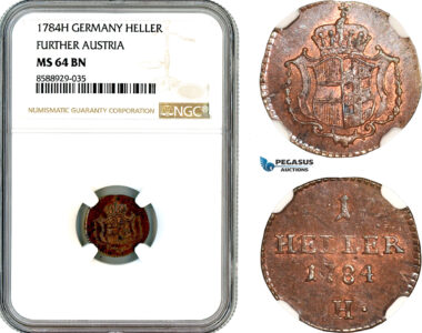 AL698, Austria, Joseph II, 1 Heller 1784 H, Gunzburg Mint, NGC MS64BN, Top Pop, Single finest graded!