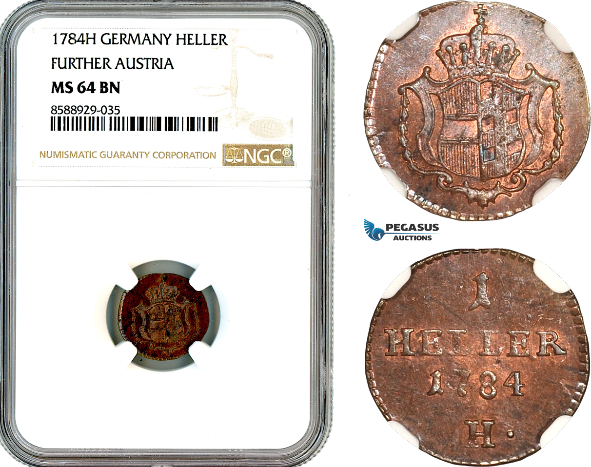 AL698, Austria, Joseph II, 1 Heller 1784 H, Gunzburg Mint, NGC MS64BN, Top Pop, Single finest graded!