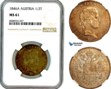 AL699, Austria, Ferdinand I, 1/2 Taler 1846 A, Vienna Mint, Silver, NGC MS61