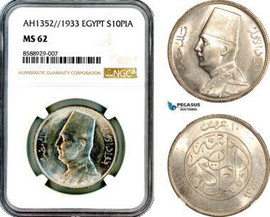 AL700, Egypt, Fuad, 10 Piastres AH1352//1933, London Mint, Silver, NGC MS62
