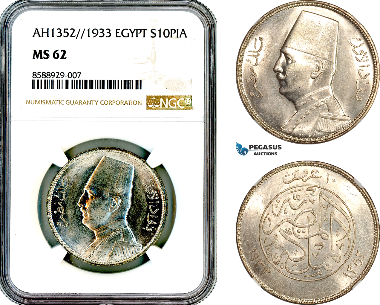 AL700, Egypt, Fuad, 10 Piastres AH1352//1933, London Mint, Silver, NGC MS62