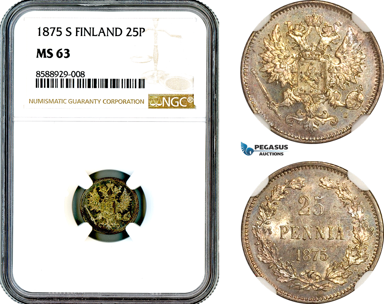 AL701, Finland, Alexander II of Russia, 25 Pennia 1875, Helsinki Mint, Silver, NGC MS63