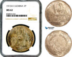 AL702, French Indo-China, 1 Piastre 1913 A, Paris Mint, Silver, NGC MS62