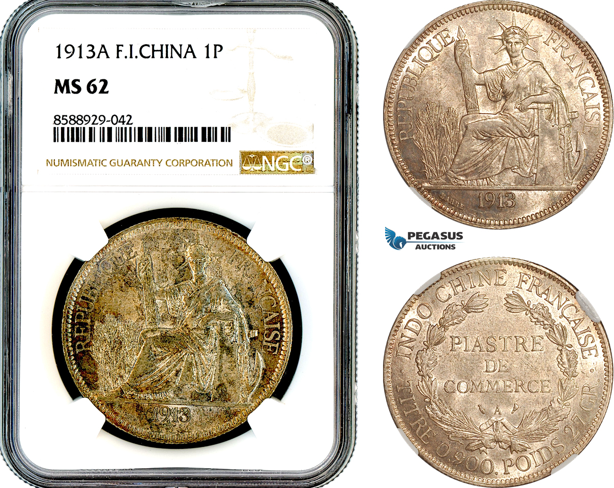 AL702, French Indo-China, 1 Piastre 1913 A, Paris Mint, Silver, NGC MS62