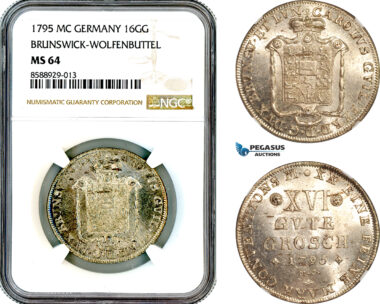 AL704, Germany, Brunswick-Wolfenbuttel, Karl II Wilhelm Ferdinand, 16 Groschen 1795 MC, Silver, NGC MS64, Top Pop, Single finest!
