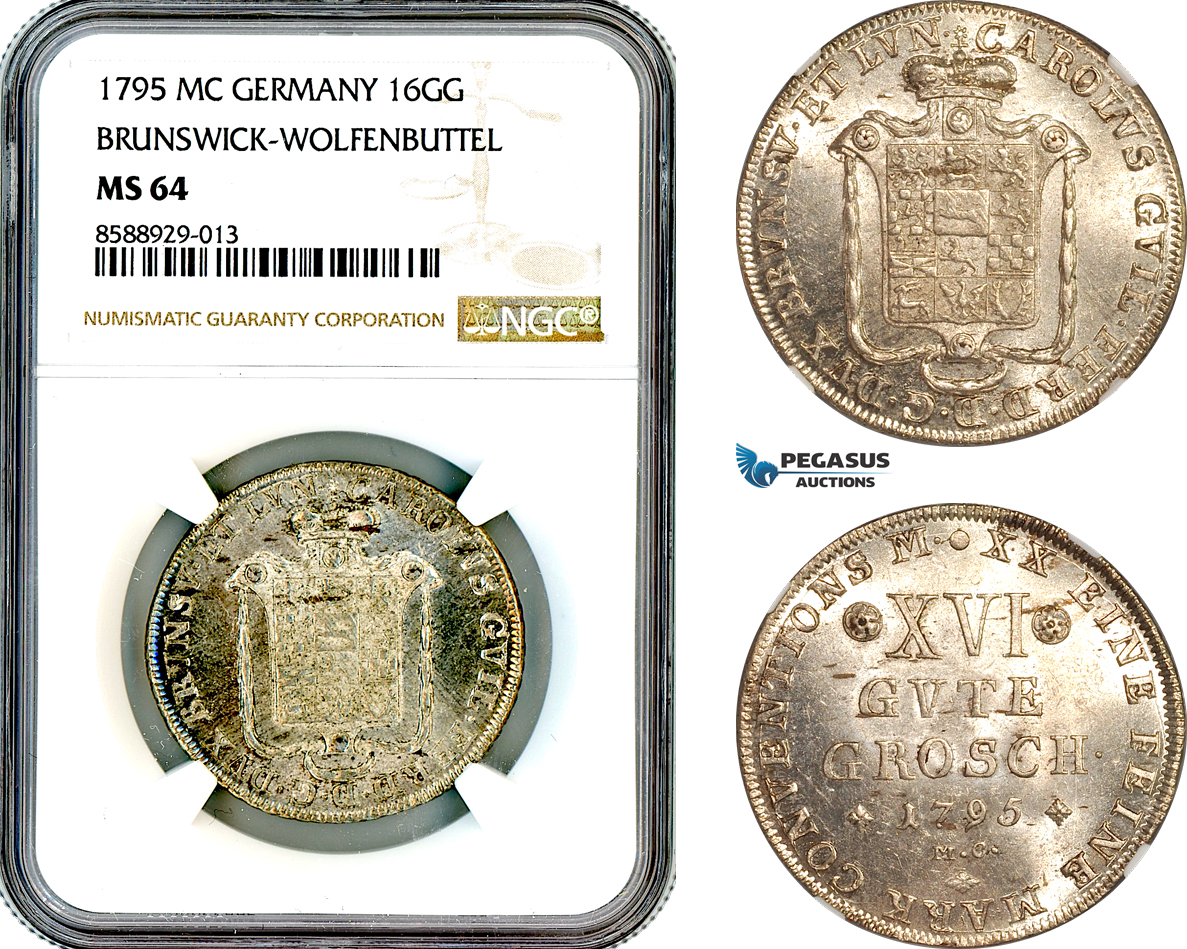 AL704, Germany, Brunswick-Wolfenbuttel, Karl II Wilhelm Ferdinand, 16 Groschen 1795 MC, Silver, NGC MS64, Top Pop, Single finest!
