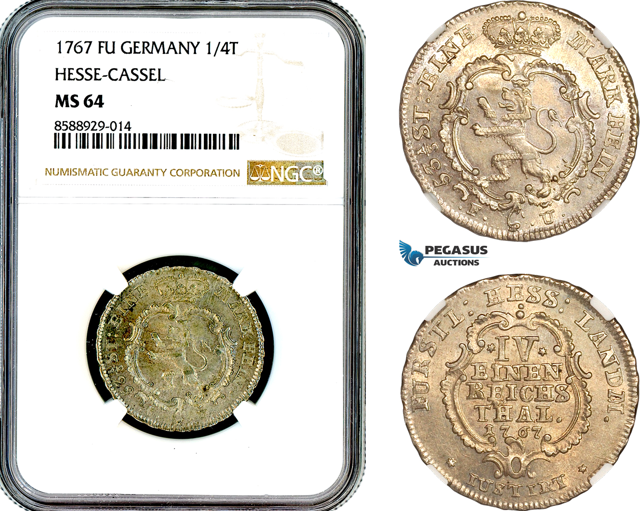 AL705, Germany, Hesse-Cassel, Friedrich II, 1/4 Reichsthaler 1767 FU, Silver, NGC MS64