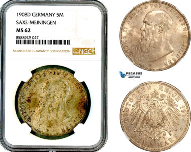 AL706, Germany, Saxe-Meiningen, Georg II, 5 Mark 1908 D, Munich Mint, Silver, NGC MS62