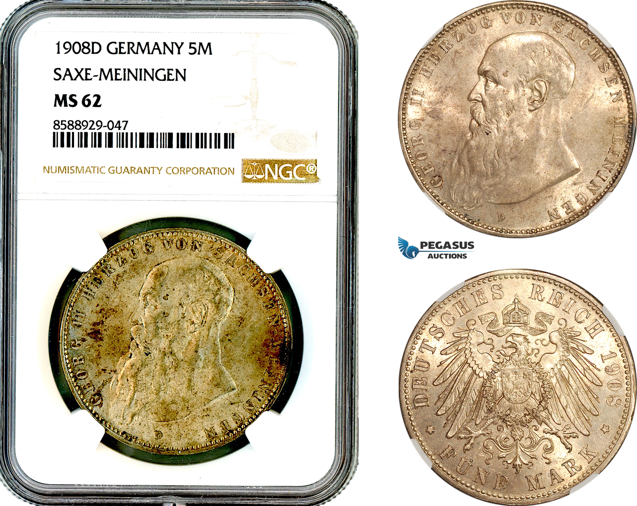 AL706, Germany, Saxe-Meiningen, Georg II, 5 Mark 1908 D, Munich Mint, Silver, NGC MS62