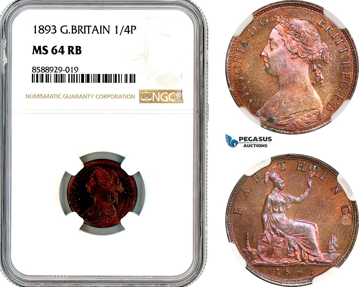AL708, Great Britain, Victoria, Farthing (1/4 Penny) 1893, London Mint, NGC MS64RB