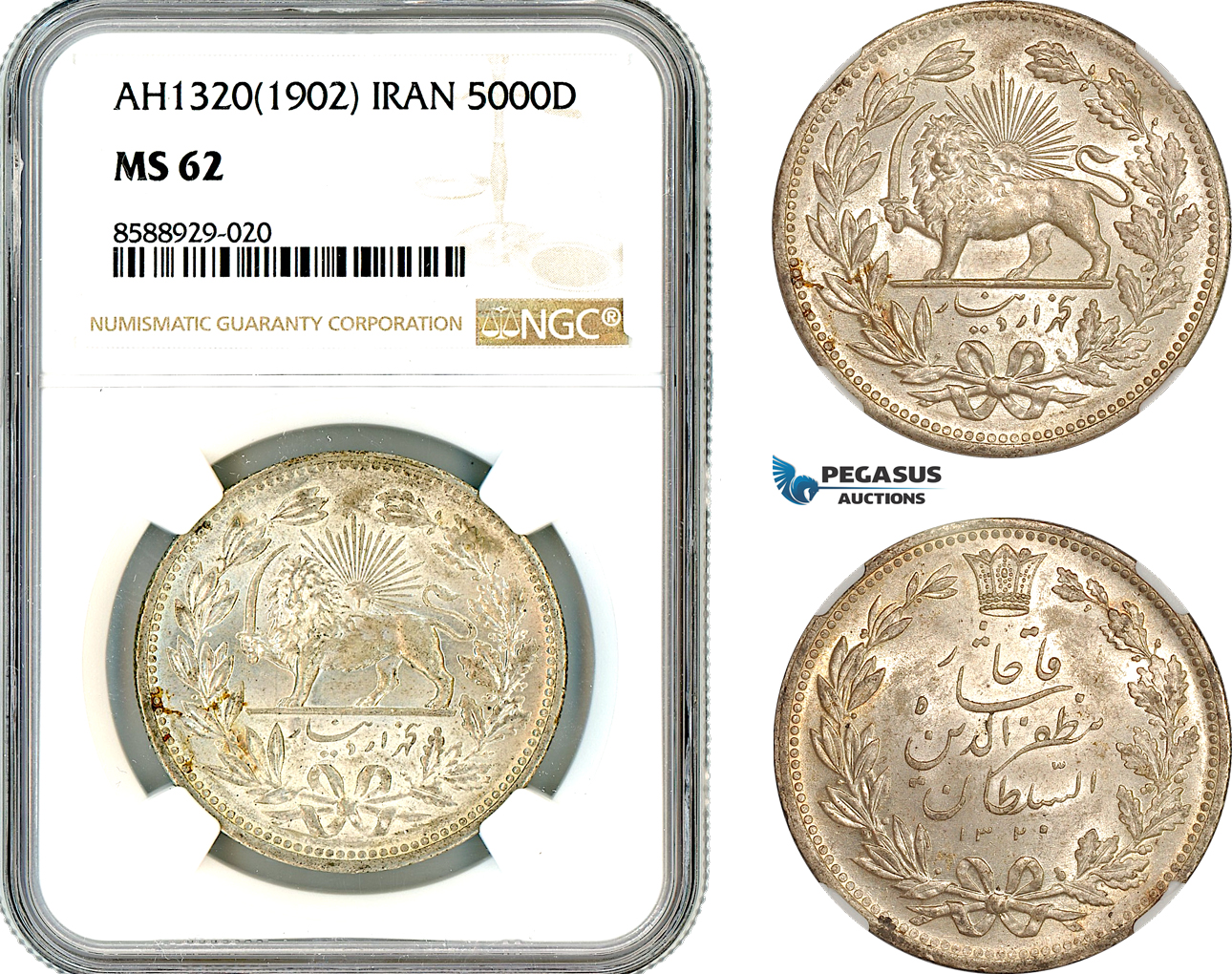 AL709, Iran, Muzaffar al-Din Shah, 5000 Dinars AH1320 (1902), St. Petersburg Mint, Silver, NGC MS62