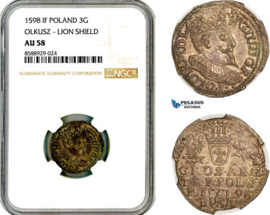 AL710, Poland, Sigismund III, 3 Groschen (Trojak) 1598 IF, Olkusz Mint, Lion Shield, Silver, NGC AU58