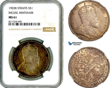 AL711, Straits Settlements, Edward VII, 1 Dollar 1903 B, Bombay Mint, "Incuse Mintmark", Silver, NGC MS61