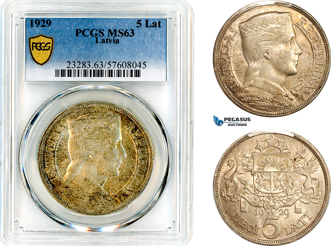 AL712, Latvia, 5 Lati 1929, London Mint, Silver, PCGS MS63