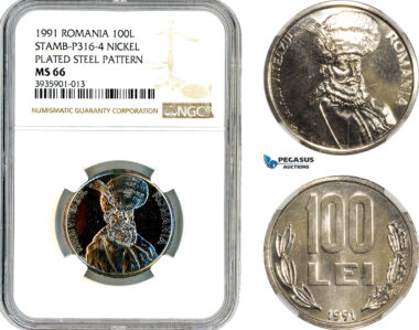 AL713, Romania, Pattern 100 Lei 1991, Bucharest Mint, Nickel Plated Steel, Stamb-P316-4, NGC MS66