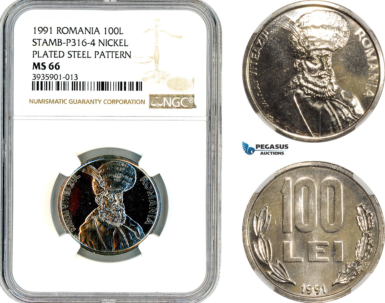 AL713, Romania, Pattern 100 Lei 1991, Bucharest Mint, Nickel Plated Steel, Stamb-P316-4, NGC MS66