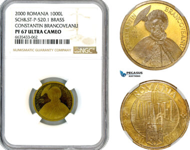 AL714, Romania, Pattern 1000 Lei 2000, Bucharest Mint, Brass, Sch&St-P-520-1, NGC PF67 Ultra Cameo