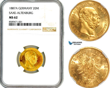AL717, Germany, Saxe-Altenburg, Ernst I, 20 Marks 1887 A, Berlin Mint, Gold, NGC MS62